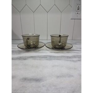 Arcoroc Smoke Brown Cups and Saucers, Vintage Set of 2, 4‎ Piece Dining Set